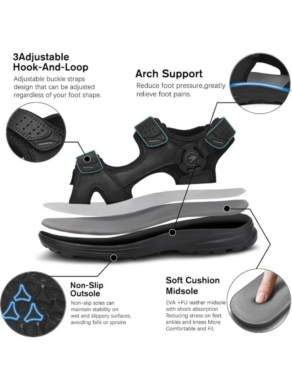 Men's Black Adjustable Strap Open Toe Leather Athletic Sport Hiking Sandal Shoes